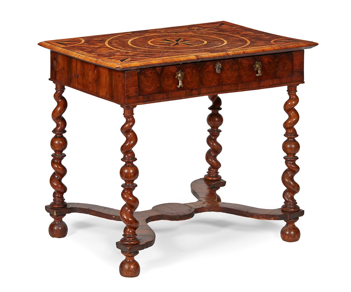 WILLIAM AND MARY OYSTER VENEERED WALNUT AND FRUITWOOD INLAID TABLE